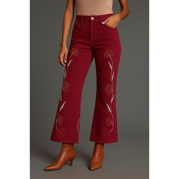 Seventy Pants - SEVENTY + MOCHI Floral Queenie High-Rise Wide-Leg Jeans in Burgundy Size 26 NWT